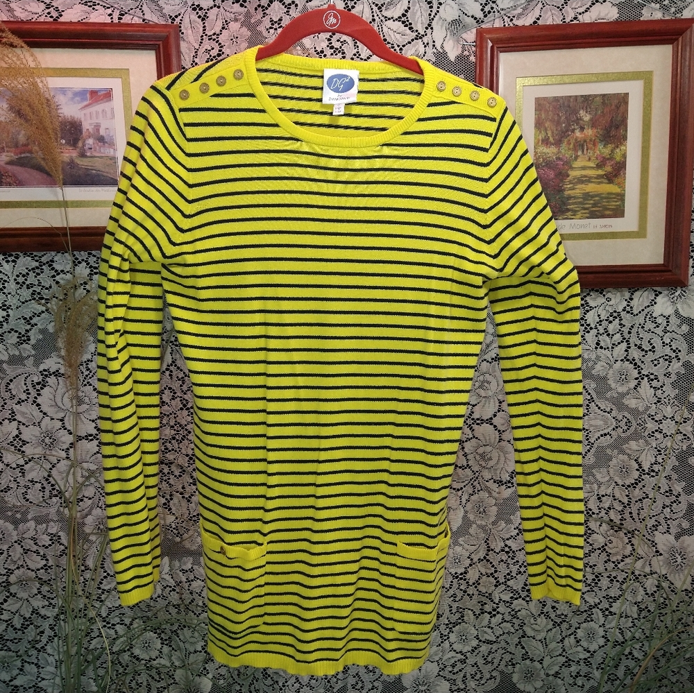 Diane Gilman DG2 yellow blue stripe sweater gold buttons long crew neck pockets